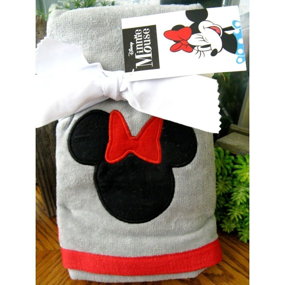 New Disney Minnie Mouse Red, Gray, Black Plush Bathroom Hand Towels Set of 2